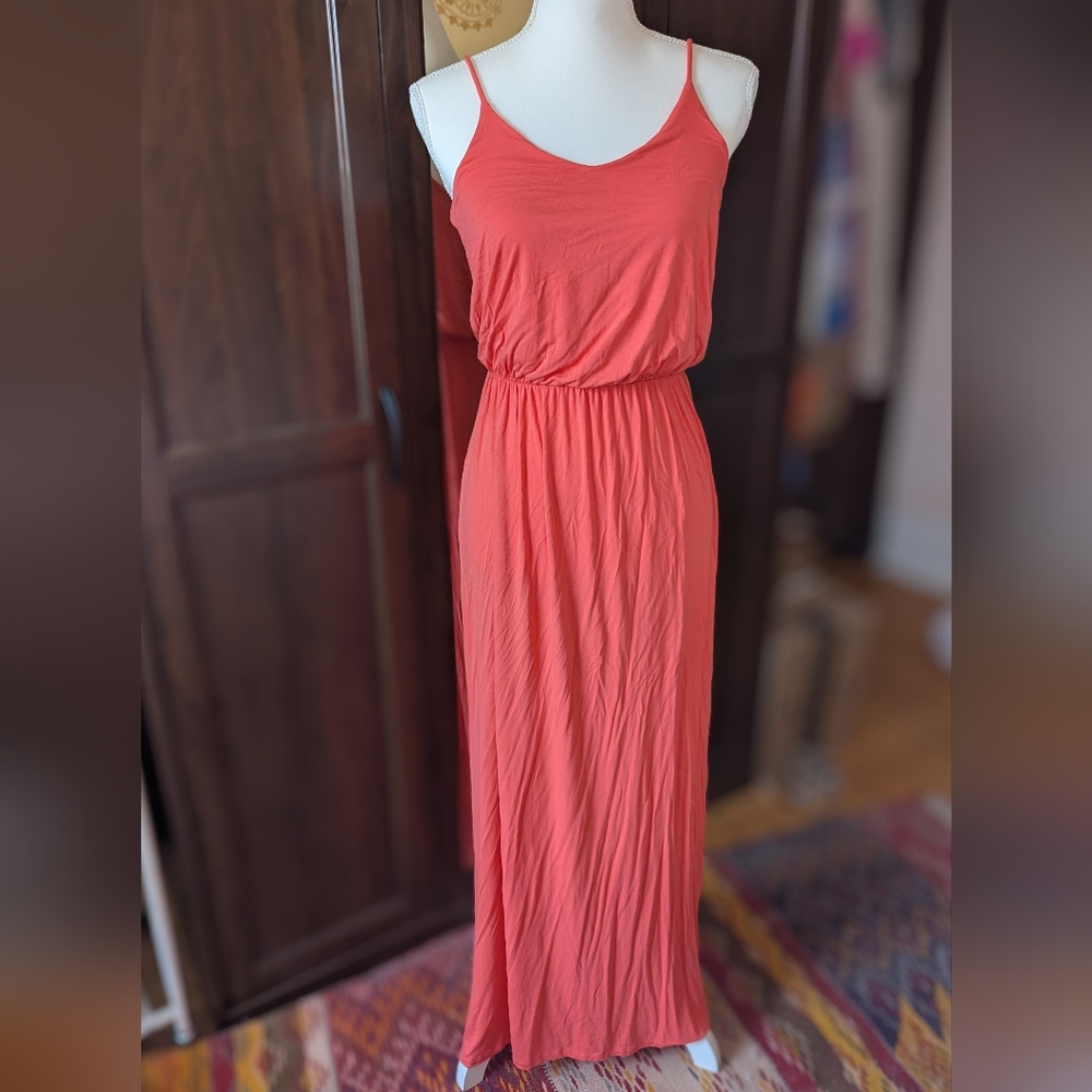 Long Maxi Dress Dark Coral Orange Spaghetti Straps Elastic Waist Scoop Neck Med